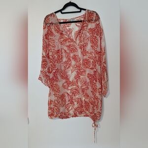 100% Silk Boho Beach Cover Up Dress Chloe Angus Coral Reef Size 10 Bell Sleeve